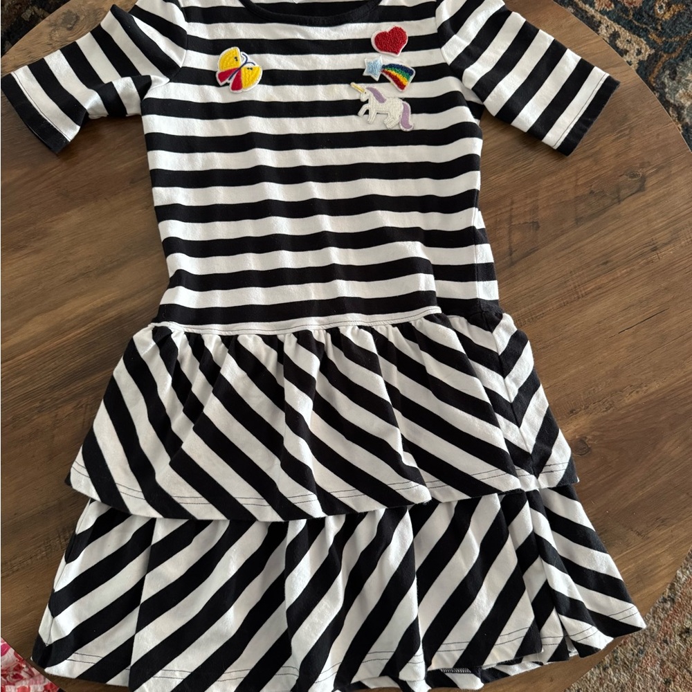 Hanna Andersson Black and White Striped Dress w/colorful patches - Girls Sz 10